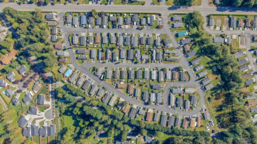 An aerial view of a rv park straight down.