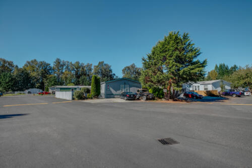 The parking lot of a mobile home park.